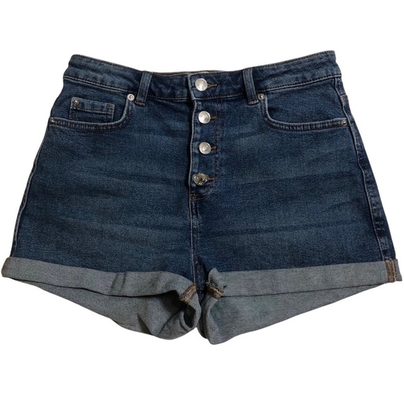Primark Button Front Denim Jeans Shorts Sz 8 Medium Wash Cuffed High Rise Casual - Picture 1 of 8